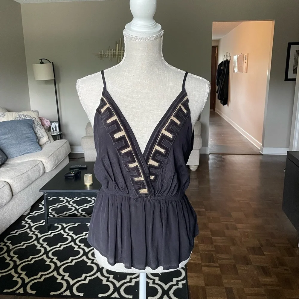 Free People Black Tank Top with Beige Trim